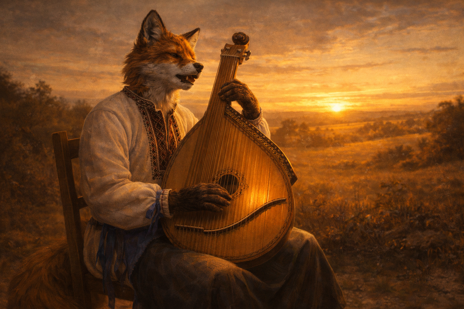 An elderly fox kobzar playing the bandura at sunset — the wandering bardic tradition